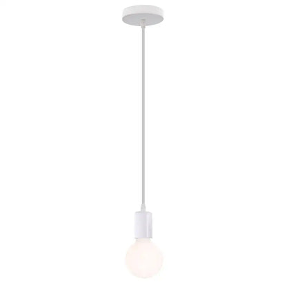 White pendant light with minimalist round ceiling mount and exposed bulb featured in modern decorbites cage pendant light design