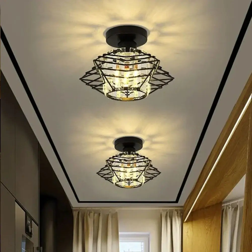 Black metal cage-style decorbites crystal ceiling chandelier with clear crystal accents for living room light decor
