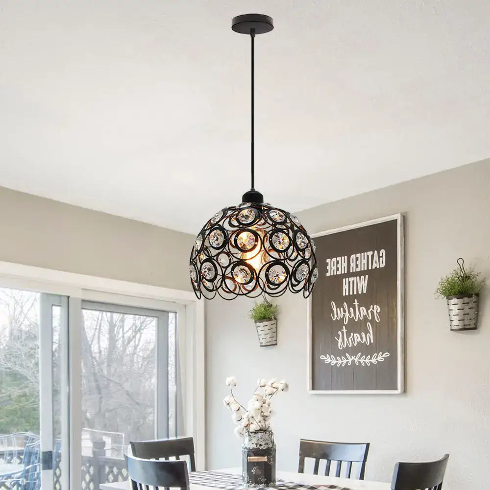 Modern industrial black wrought iron pendant lamp with spherical design and embedded crystal k9 decorbites crystal accents
