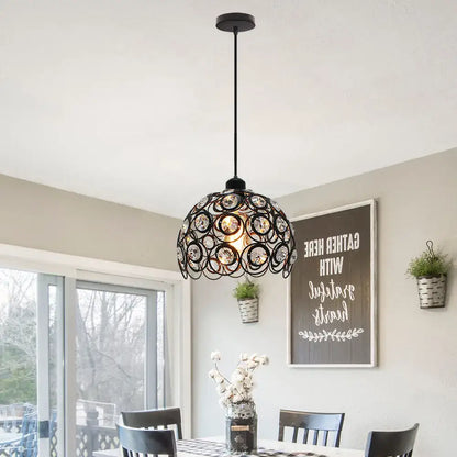 Modern industrial black wrought iron pendant lamp with spherical design and embedded crystal k9 decorbites crystal accents