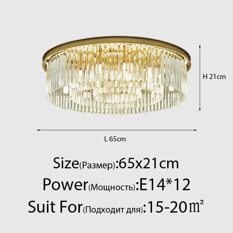 Gold-toned circular decorbites crystal ceiling chandelier with cascading clear crystal prisms for dining room lighting