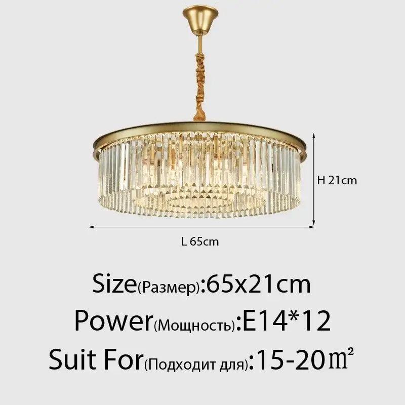 Modern industrial black decorbites crystal ceiling chandelier with gold-toned circular frame and cascading clear prisms