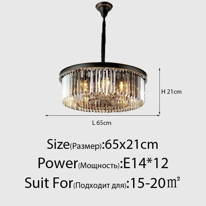 A modern black metal decorbites crystal ceiling chandelier with cascading clear prisms for dining rooms 15-20 sqm