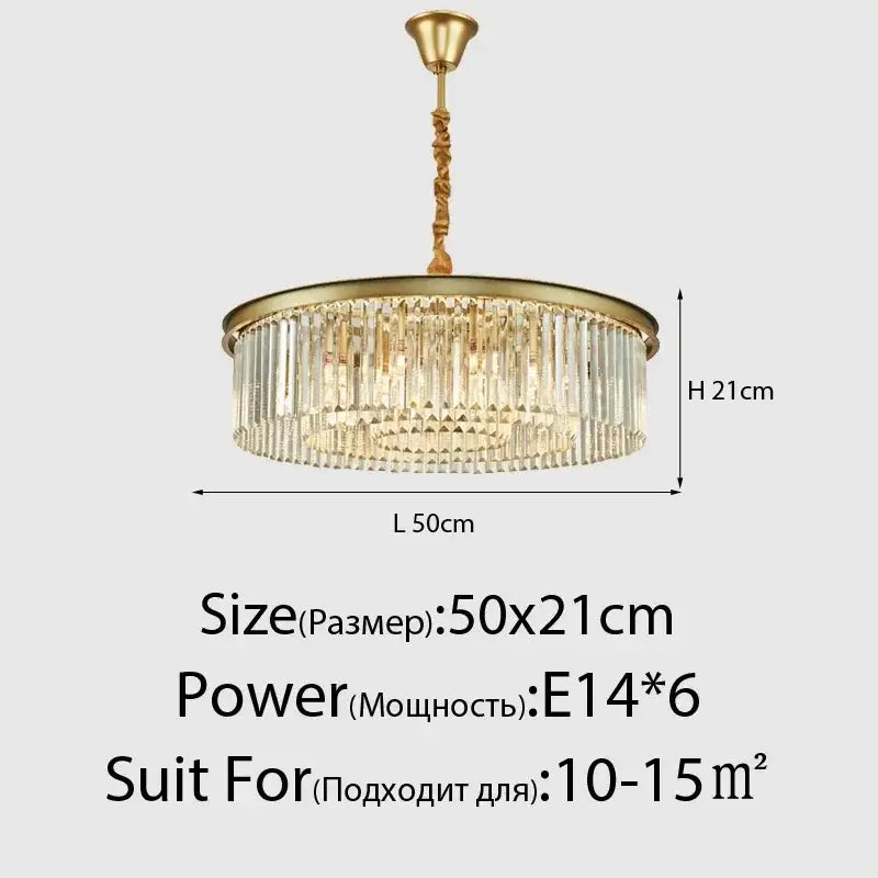 Gold-toned decorbites crystal ceiling chandelier with cascading clear crystal rods and circular brass frame for dining room