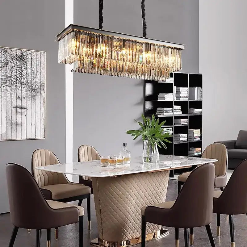 Modern industrial black decorbites crystal ceiling chandelier with cascading clear crystal prisms for dining room