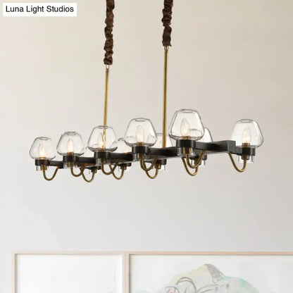 DecorBites™ modernist dome island chandelier with black metal frame, brass accents, clear glass shades, 220v-240v compatible