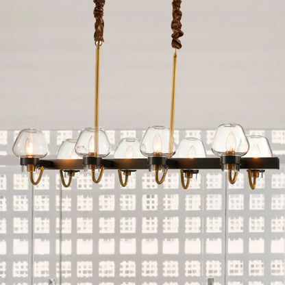 DecorBites™ modernist dome island chandelier with black metal frame, six clear glass globes, and gold brass accents for 220v-240v use