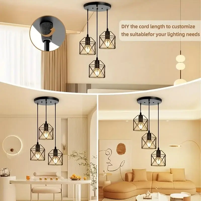 Black metal geometric pendant lights with exposed bulbs featuring a modern industrial black metal finish for dining room