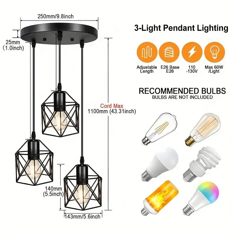 Modern industrial black metal finish pendant chandelier with geometric cage and three hanging bulbs for dining room