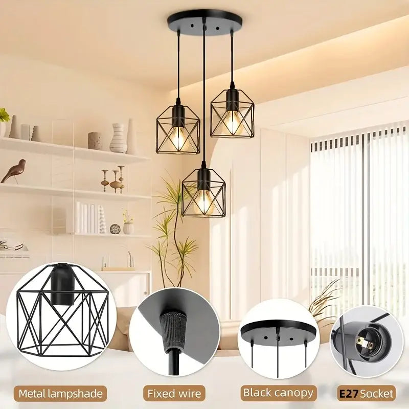 Modern industrial black metal finish pendant chandelier with three geometric cage lampshades and e27 sockets for dining room
