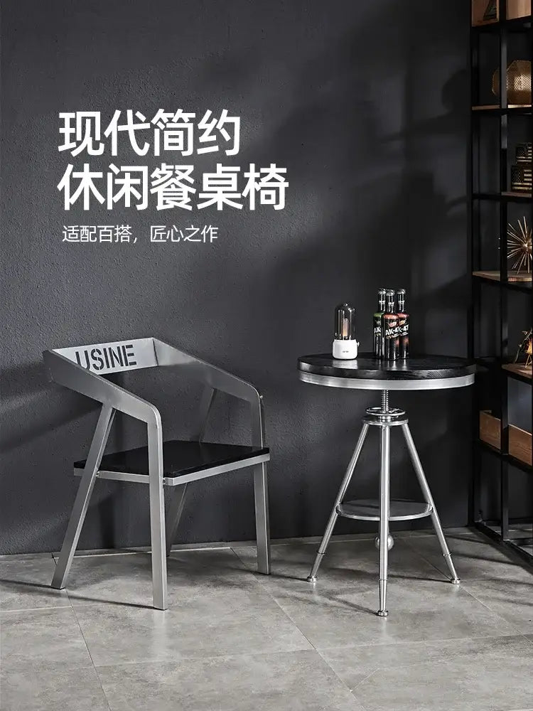 Modern industrial chrome adjustable dining chair with sleek silver iron art frame and black solid wood seat for kitchen bar