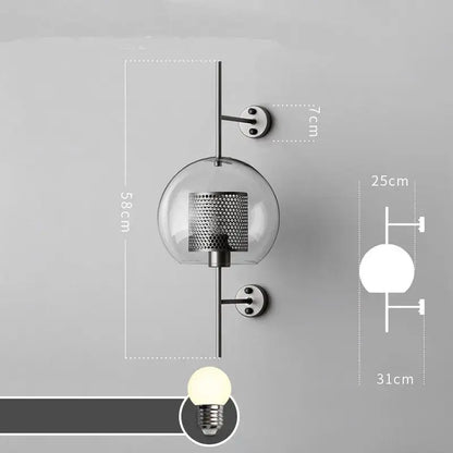 Modern industrial chrome glass wall light with clear glass globe and perforated metal shade on black rod for decorbites wall lights