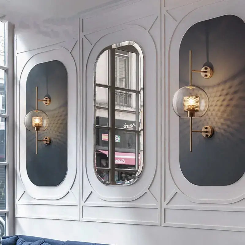 Gold-toned decorbites glass industrial wall lights with textured spherical glass shades for living room sconces