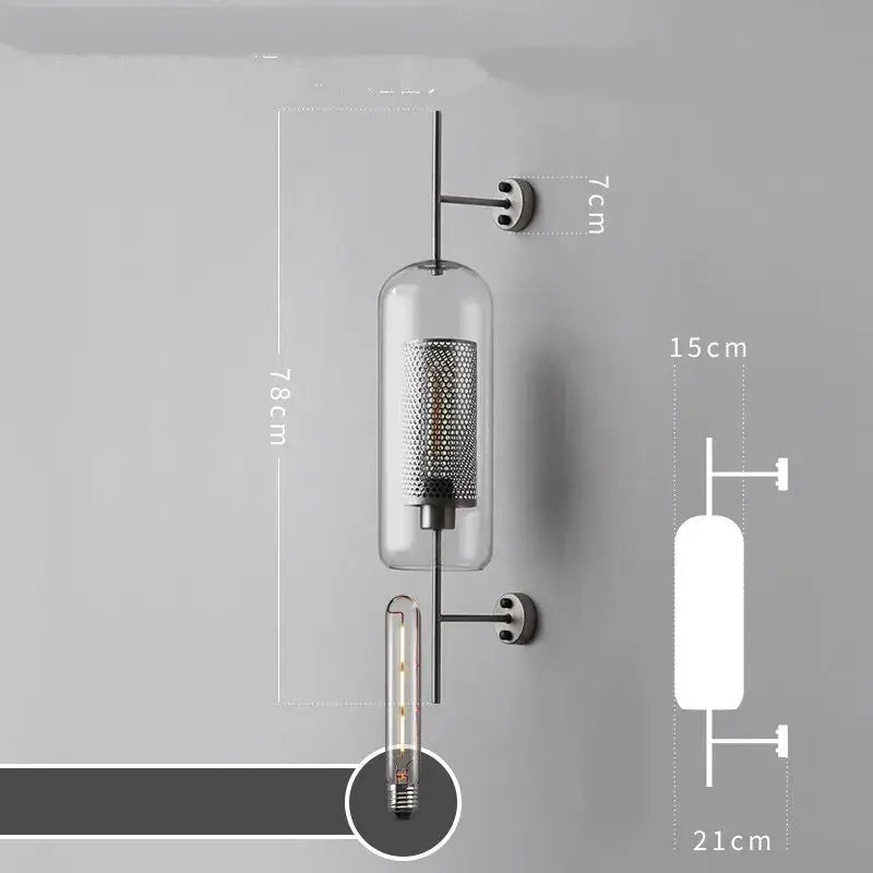 Modern industrial chrome glass wall light with clear glass cylinder and black metal arms for living room decorbites glass industrial style