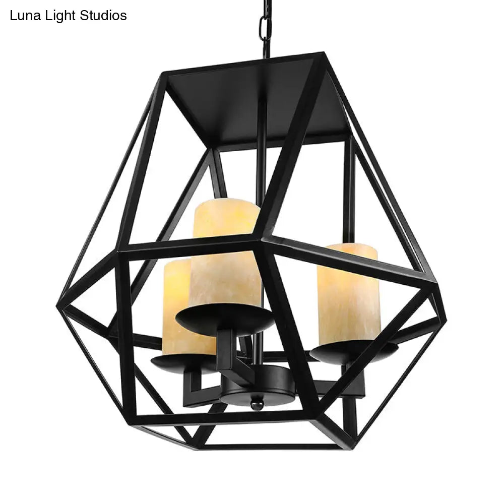 Modern Industrial Geometric Cage Chandelier - 3 Head Metallic Ceiling Lamp with Inner Glass Shade in Black