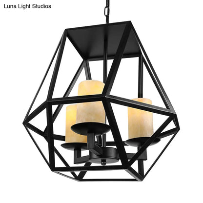 Modern Industrial Geometric Cage Chandelier - 3 Head Metallic Ceiling Lamp with Inner Glass Shade in Black