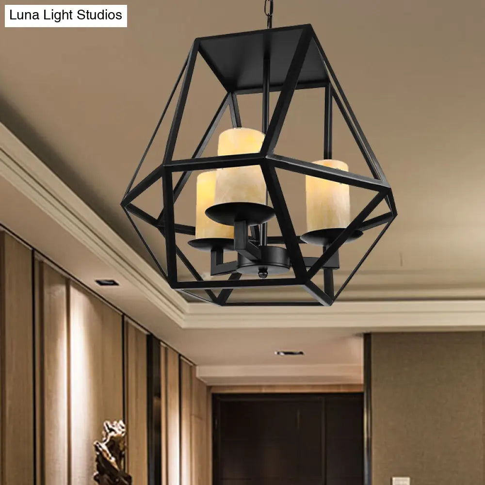 Modern Industrial Geometric Cage Chandelier - 3 Head Metallic Ceiling Lamp with Inner Glass Shade in Black