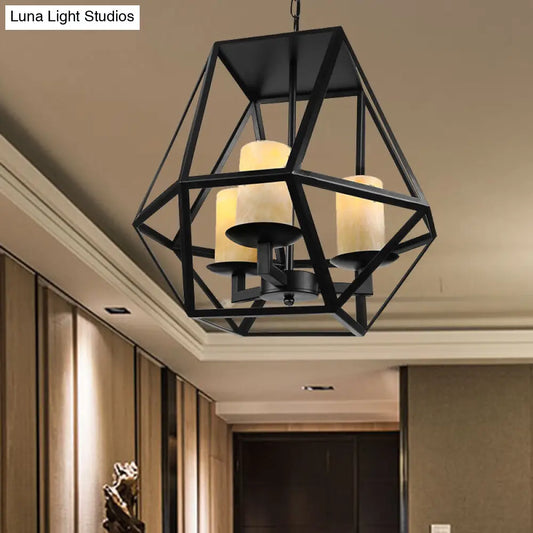 Modern Industrial Geometric Cage Chandelier - 3 Head Metallic Ceiling Lamp with Inner Glass Shade in Black