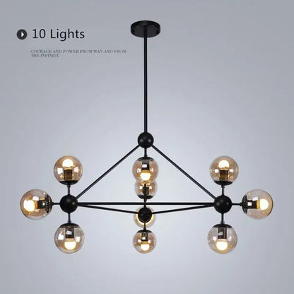 Modern industrial black metal pendant light with ten warm glass bean globes in a geometric decorbites glass bean design