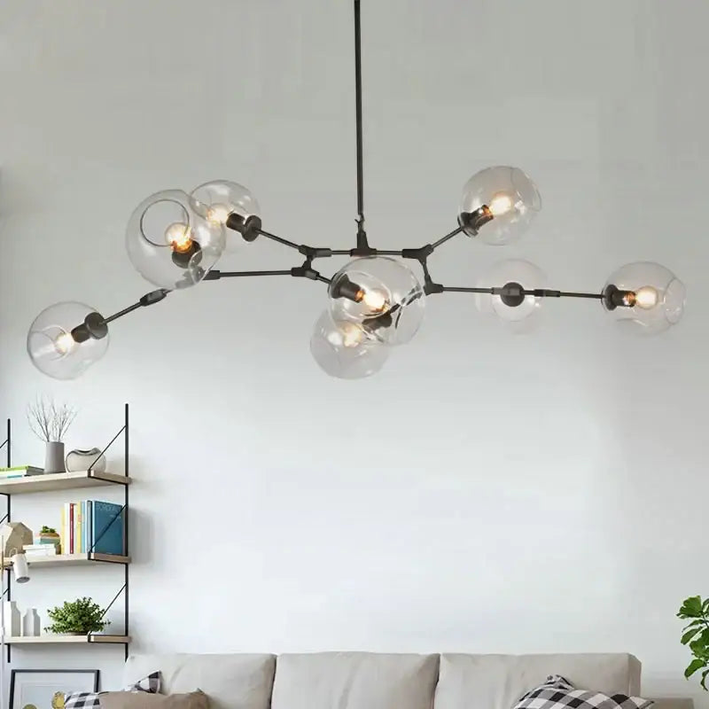 Modern black metal decorbites industrial globe chandelier with clear glass globe shades and exposed bulbs for dining room lighting