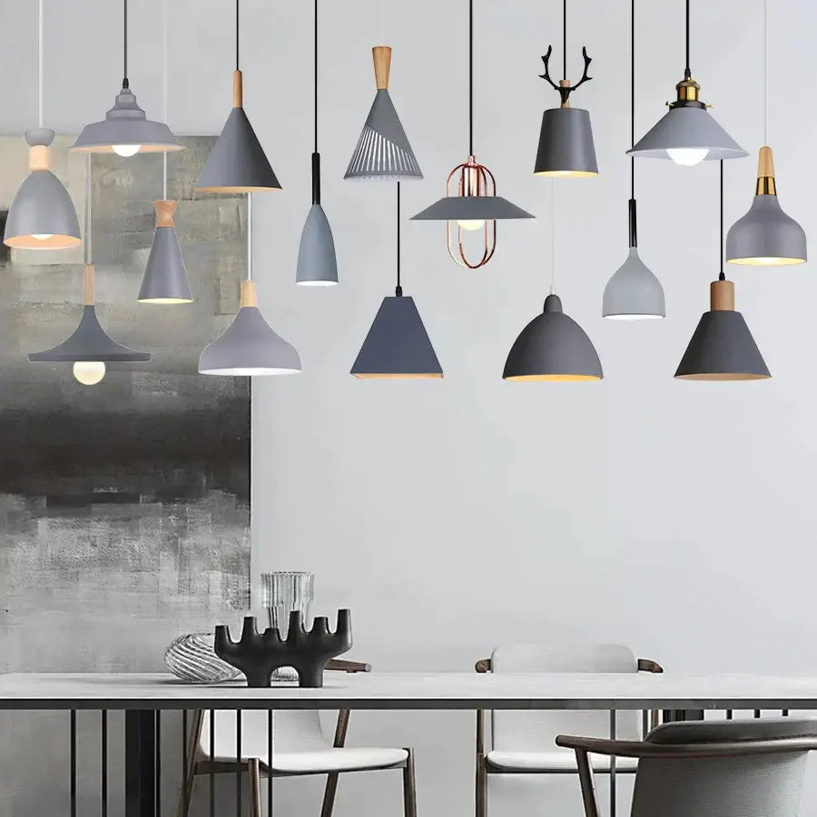 Modern industrial gray and black pendant light with wooden accents featuring geometric cone and dome shapes for living room decorbites industrial gray pendant