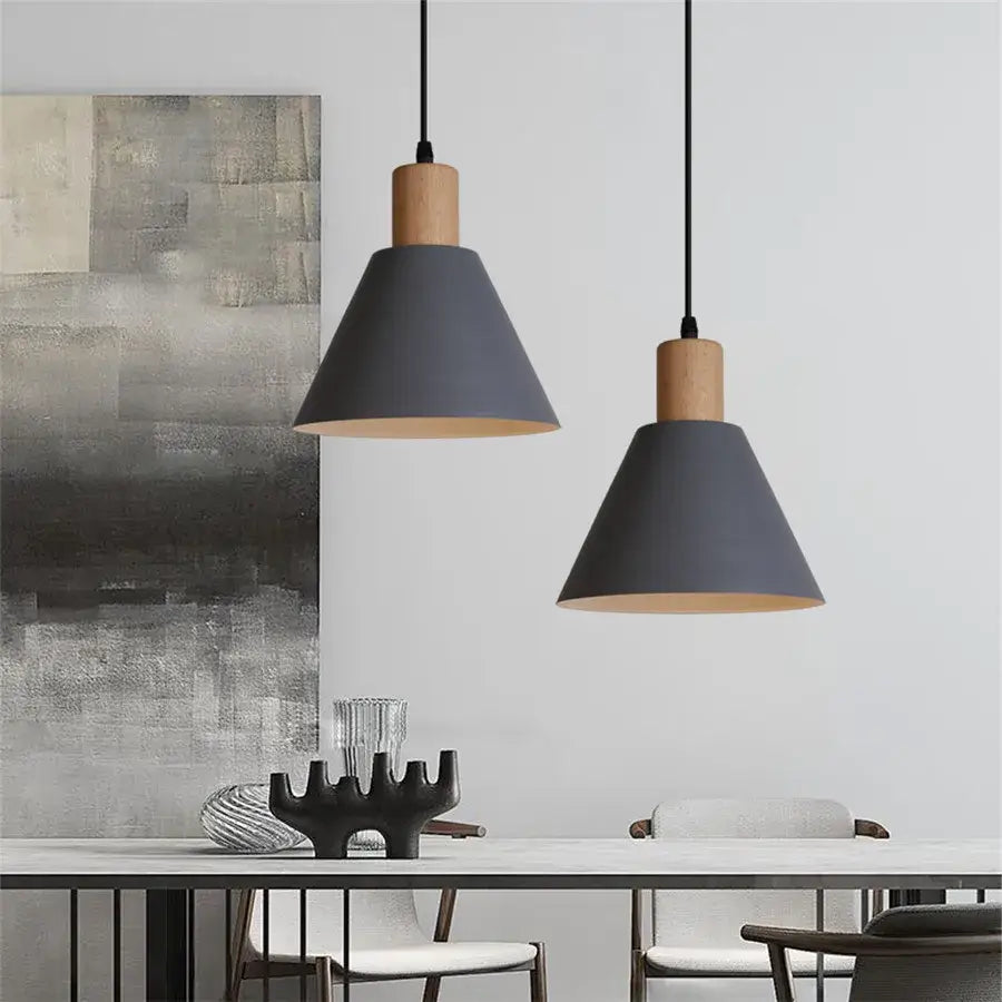 Two modern industrial gray pendant lights with matte conical shades and natural wood accents for living room decorbites industrial gray