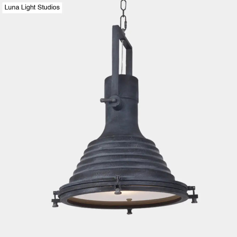 Modern Industrial Ribbed Conical Pendant Light with Metallic Finish in Black