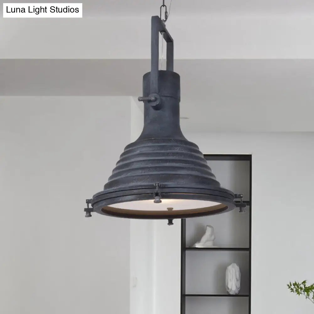 Modern Industrial Ribbed Conical Pendant Light with Metallic Finish in Black