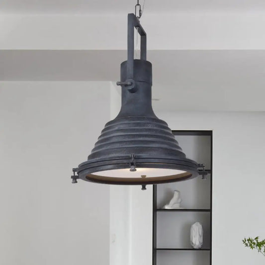 Modern Industrial Ribbed Conical Pendant Light with Metallic Finish in Black