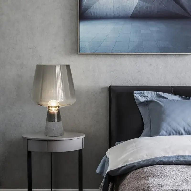 Modern industrial smoked glass and decorbites leimu cement table lamp with ribbed shade and textured cement base for bedroom light