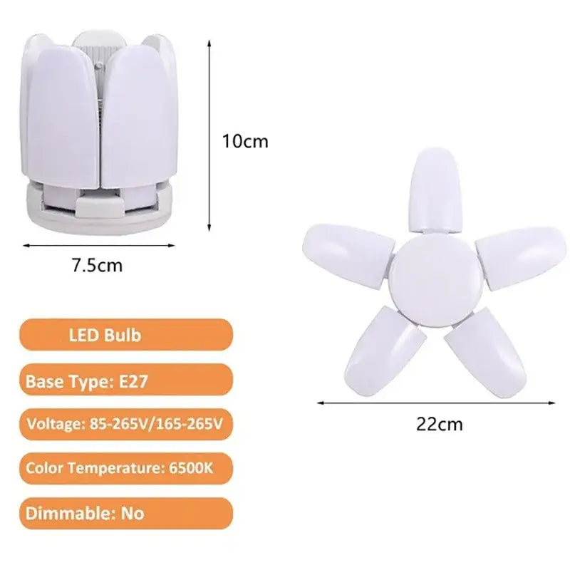 Modern industrial white foldable led ceiling light with five blades and 6500k cool white illumination e27 base