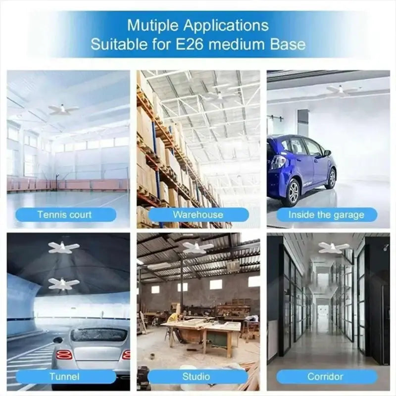 White four-bladed ceiling fan with e26 medium base lighting fixture for modern industrial led ceiling light garage use