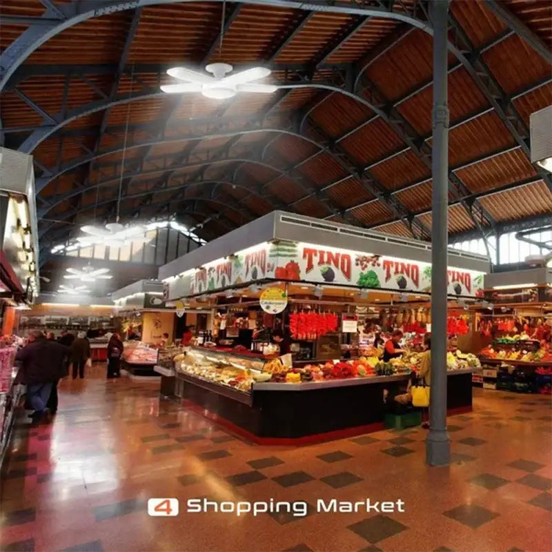Modern industrial white foldable led ceiling light with metal and wood design illuminating a busy indoor market scene