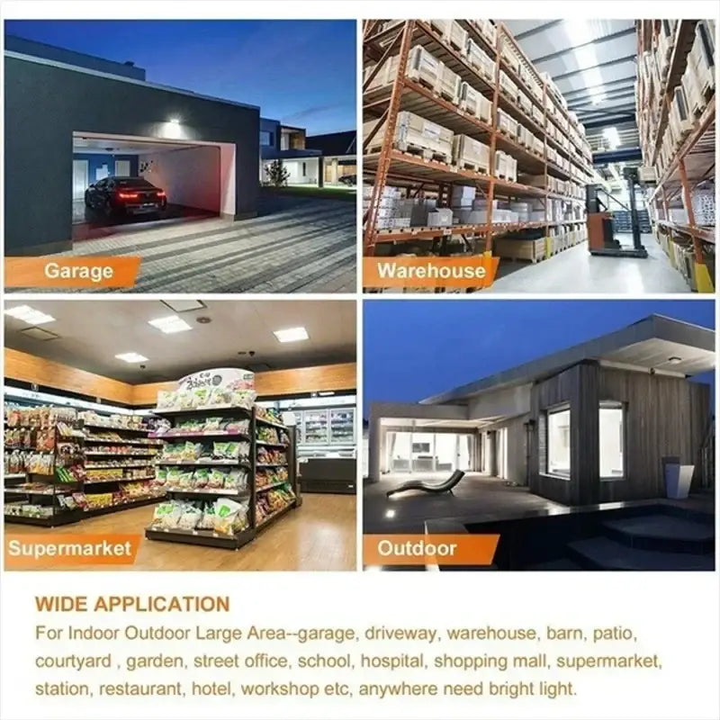Modern industrial white foldable led ceiling light fixture shown in garage warehouse supermarket and outdoor settings