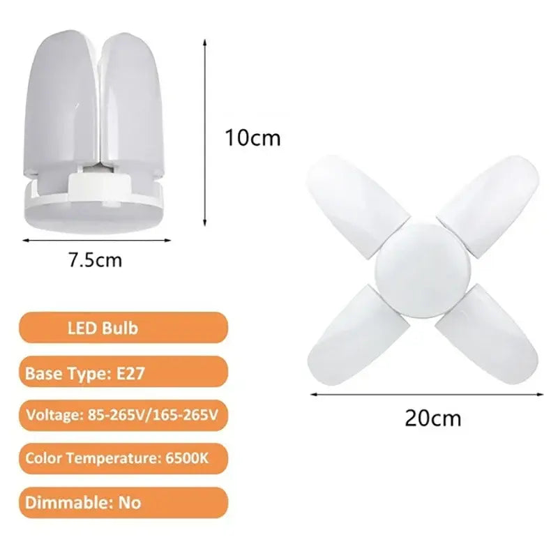 Modern industrial white led ceiling light with four curved blades and central hub for indoor garage lighting