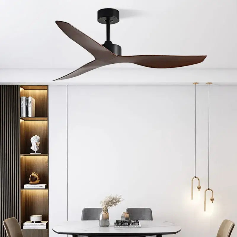 Modern industrial wind ceiling fan with sleek dark brown wooden blades and matte black housing for living room decorbites industrial wind