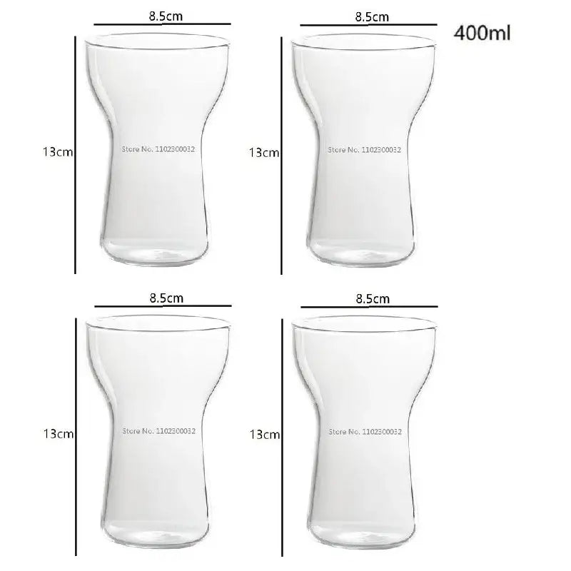 Modern insulated clear glass drink cup set of decorbites glass drink tumblers with hourglass shape and 400ml capacity