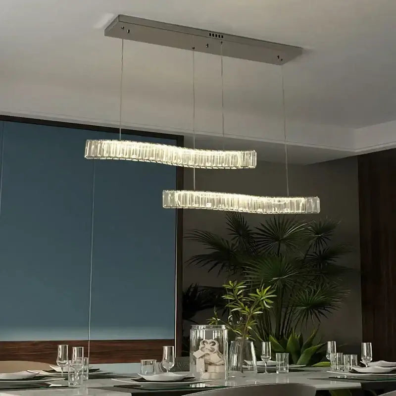 Modern interlocking decorbites crystal led ceiling chandelier with sleek metallic frame and clear faceted crystal accents