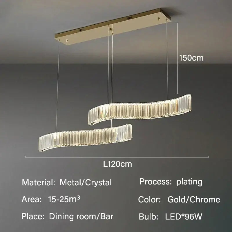 Modern interlocking crystal led ceiling chandelier in gold-plated metal with sleek curved design for dining room decorbites crystal led