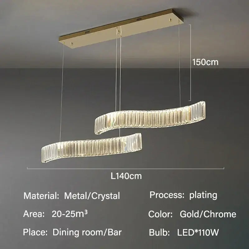 Gold-plated modern interlocking decorbites crystal led ceiling chandelier with two curved crystal-encrusted led strips