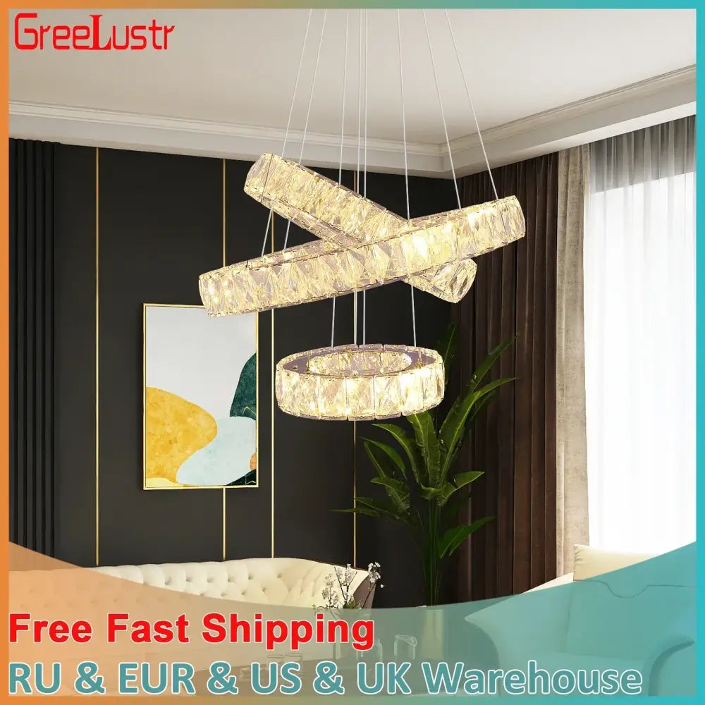 Modern crystal led chandelier with interlocking circular rings and warm ambient lighting for living room use