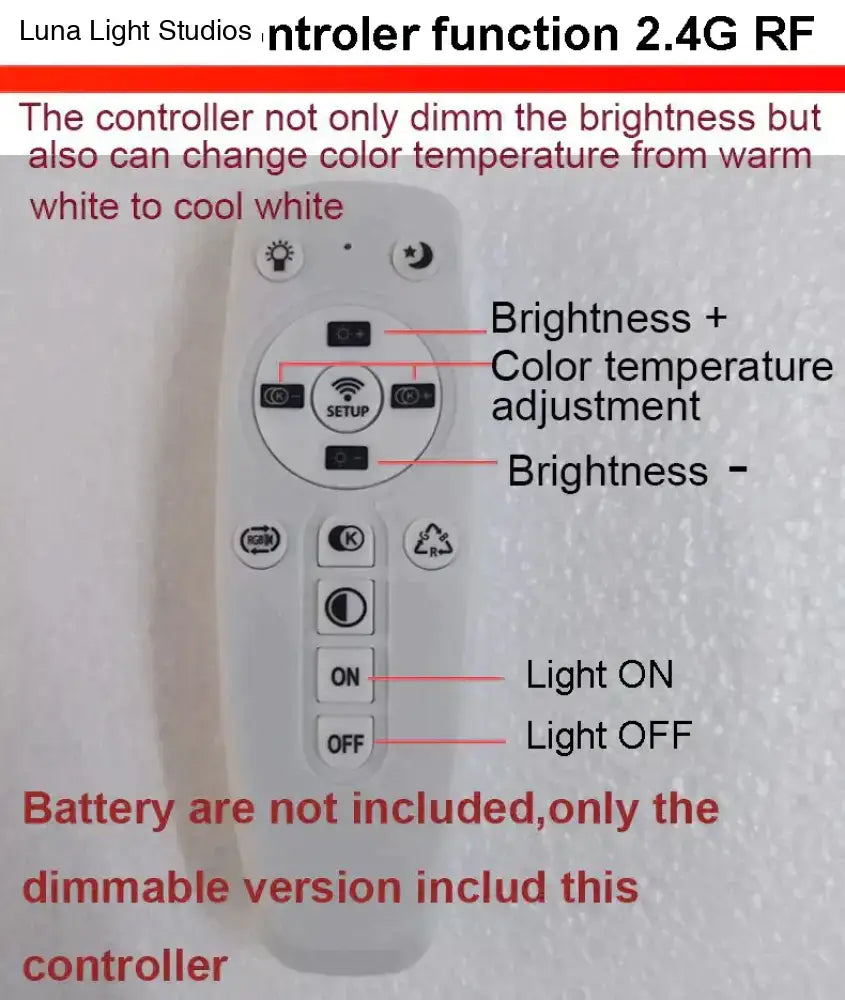White plastic remote control with brightness and color temperature buttons for modern pendant lights dining room