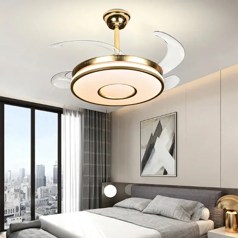 Modern invisible gold ceiling fan with light featuring a gold metal frame and translucent white blades for living room decorbites invisible gold