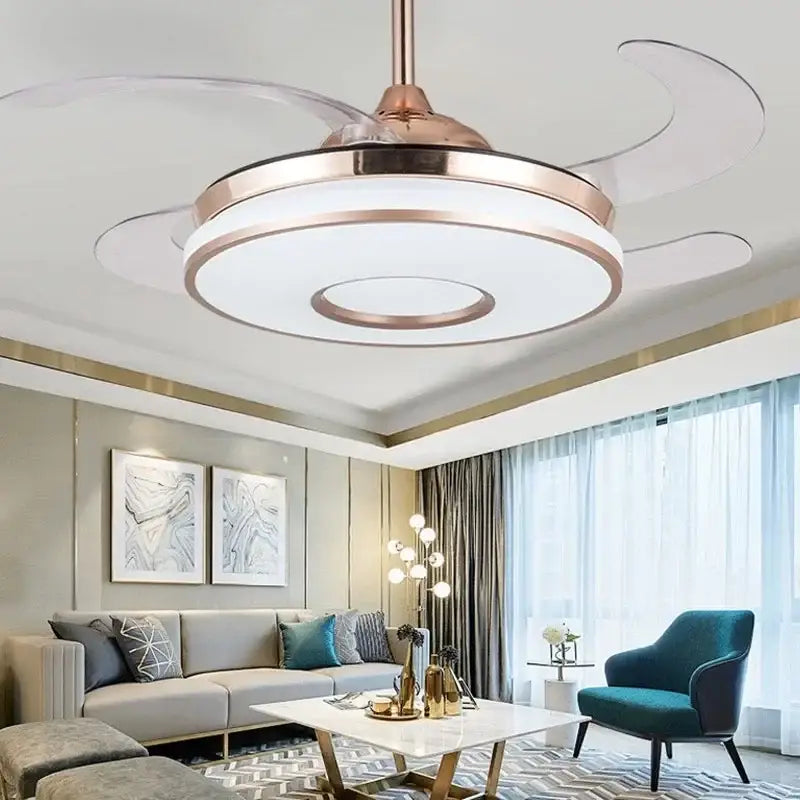 Modern invisible gold ceiling fan with integrated led lighting and transparent blades for living room decorbites invisible gold