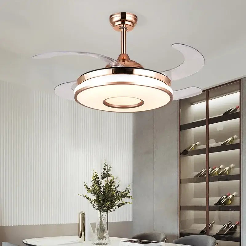 Modern decorbites invisible gold ceiling fan with integrated circular light and translucent white blades for living room decor