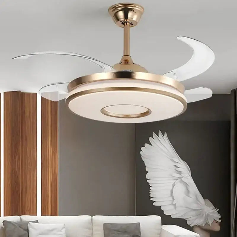 Modern invisible gold ceiling fan with translucent white blades and integrated LED light for living room decorbites invisible gold