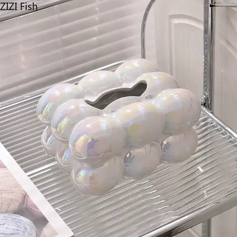 Modern iridescent blue and cream cotton candy ceramic tissue box with a white bubble cluster money box heart opening decorbites