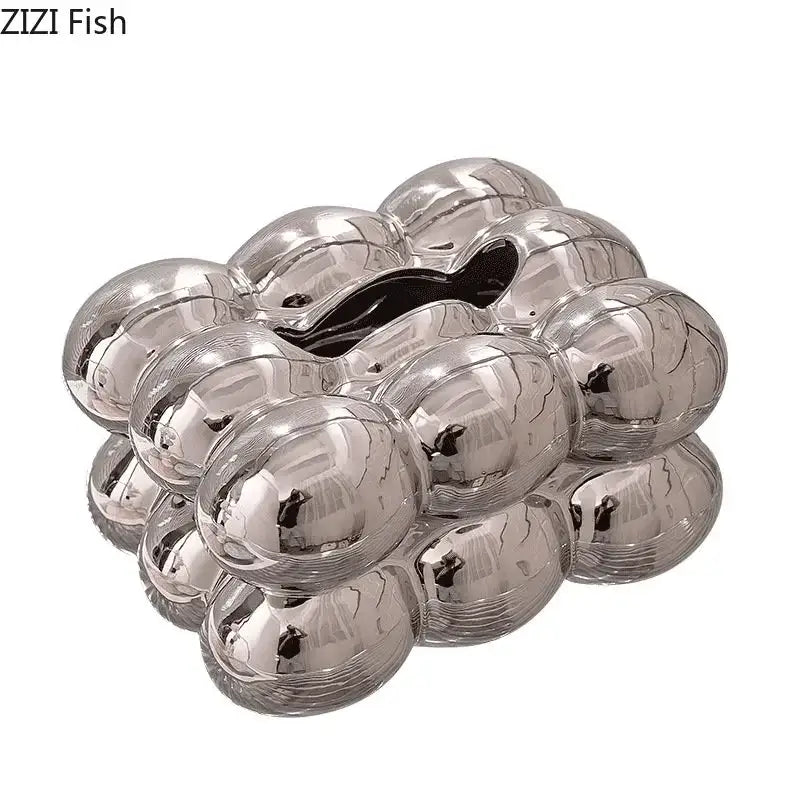 Shiny silver metallic ashtray shaped like interconnected spheres with fish opening for modern decorbites cotton candy use