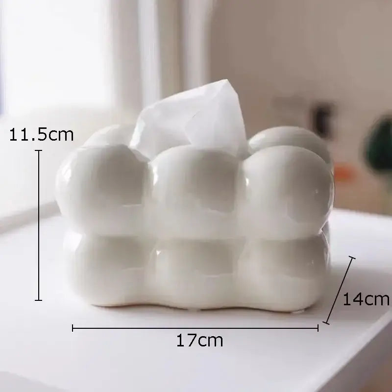White ceramic tissue box shaped like a cloud with rounded bubbly segments for decorbites cotton candy ceramic decor