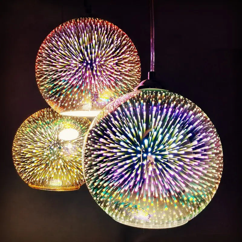 Iridescent spherical glass pendant lights with colorful 3d panels and starburst design for modern dining rooms